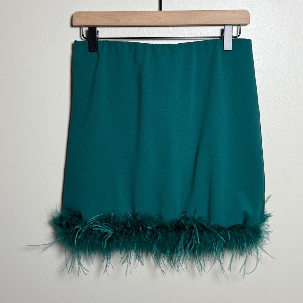 Thirty Thirty LA Teal Green Feather Trim Mini Skirt Large Festival Glam Event